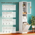 Einhomn 67" Tall Bathroom Storage Cabinet with Removable Laundry Basket & Shelf, Narrow Bathroom Cabinet Storage with Glass Door and Drawer, for Bathroom, Living Room, Entryway, Kitchen, White