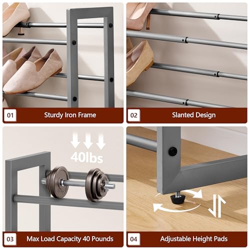 FAVOOSTY 3-Tier Expandable Shoe Rack, Adjustable Shoe Shelf Storage Organizer Space Saving Metal Free Standing Shoe Rack for Entryway Closet Doorway, Silver Grey - color: Silver Gray, size: 3 Tier
