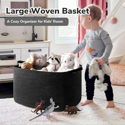 Goodpick Extra Large Storage Basket, 23.6" x 15.7" x 13.8" Rectangle Cotton Rope Basket for Blankets, Pillows, Toys, Woven Dirty Clothes Baskets for Laundry, Black - color: Black, size: X-Large(23.6"L x 15.7"W x 13.8"H)