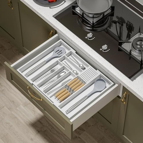 TIOPGHAD Bamboo-Silverware-Drawer-Organizer-Kitchen, Expandable Utensil Holder Cutlery Tray Flatware Organization Adjustable Wood Tableware Dividers Storage (with Removable Knife Block)(White) - color: White, size: Large