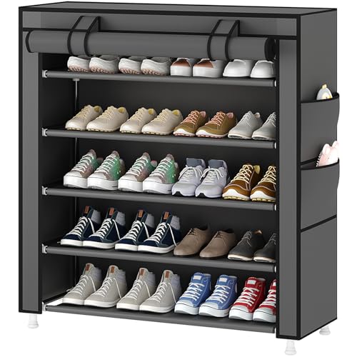 Laiensia 5-Tier Vertical Shoe Rack Organizer, Space Saving Shoe Storage Organizer, Non-Woven Cover Shoe Shelf Holds 20-25 Pairs for Bedroom, Hallway, Closet Entryway, Grey - color: Grey, size: 5-tier