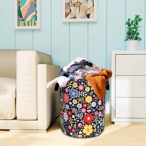 Colorful Folk Flowers Laundry Basket Oxford Cloth Floral Laundry Hamper With Handle Foldable Portable Clothes Storage Basket 18.9 X 16.5 In Storage Bag For Laundry Room/Bathroom/Bedroom/Dormitories - color: Flower