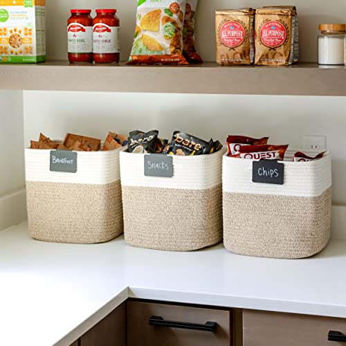 NaturalCozy Storage Cubes 11 Inch Cotton Rope Woven Baskets for Organizing, 3-Pack | Cube Bin Square Shelves Organizer, Classroom, Kids Toy Bins, Closet, Baby Nursery - color: Off White & Mixed Brown