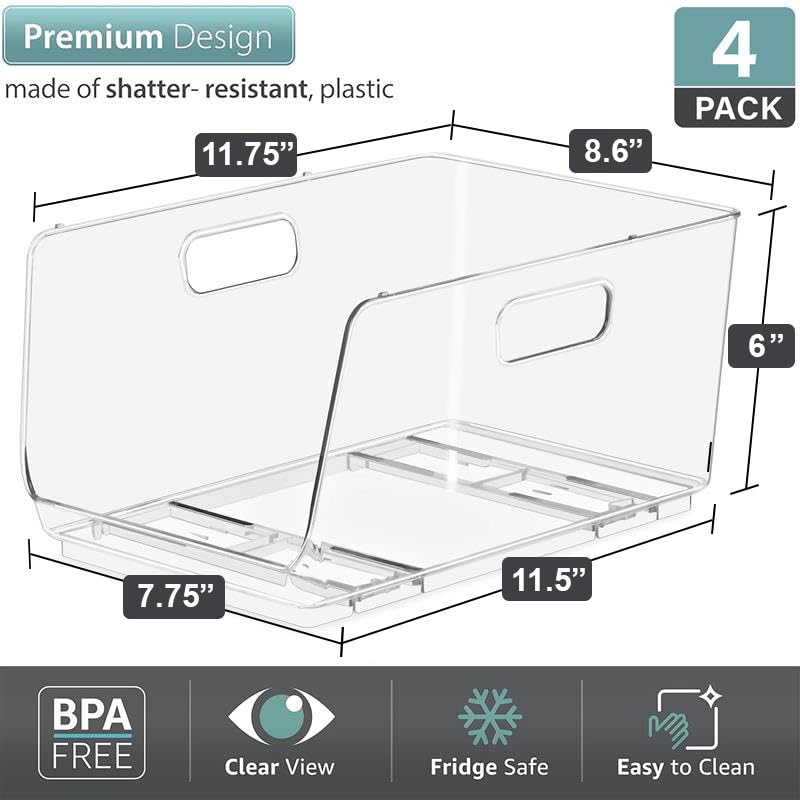 Sorbus Stackable Storage Bins Open Front - Pantry Bins for Storage and Organization for Kitchen - Clear Pantry Organizer Bins (Medium 4 Pack) - size: Medium, style: 4 Pack
