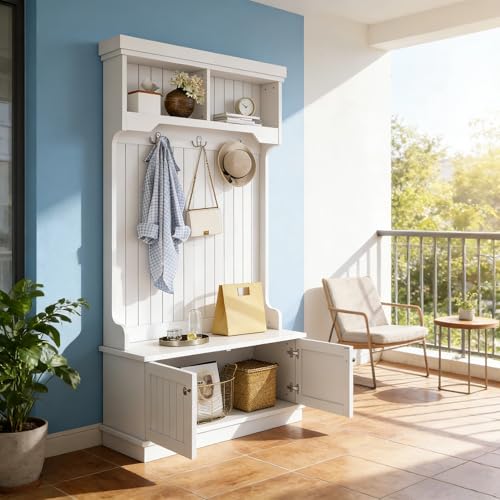 4-in-1 Entryway Hall Tree with Storage Shoe Bench, Coat Rack with Hooks, Open Shelves & Cabinet, Modern Organizer for Mudroom Hallway (White) - color: White