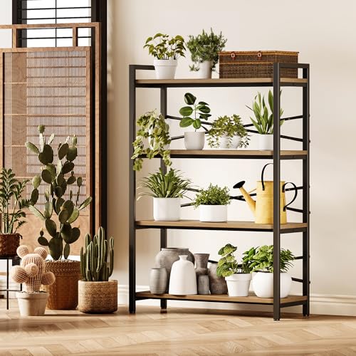 4 Tier Bookshelf 31.49" Width, Tall Book Shelf Storage and Organization, Wooden and Metal Industrial Bookcase, Large Book Shelves for Home Living Room Bedroom Office Storage(Light Coffee) - color: Light Coffe, size: 4 Tier - 31.5" W