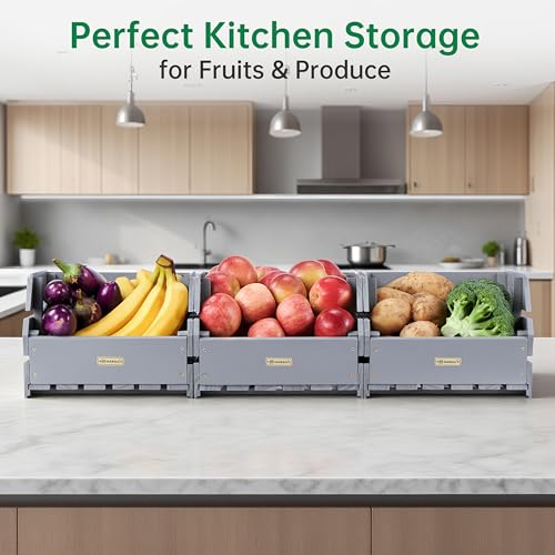 Wood Potato Onion Storage Bins - Wooden Stackable Produce Basket - Fruit Vegetable Storage for Kitchen Pantry Organization, Set 3 Pieces - color: Dusty Grey