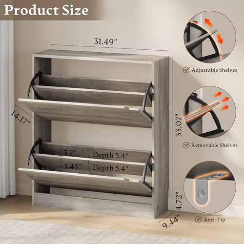 BORNOON Shoe Cabinet with 2 Flip Drawers, Slim Narrow Shoe Storage Cabinet, Freestanding Shoe Organizer with Adjustable & Removable Shelves, Top Display Shelf for Entryway, Hallway, Foyer, Closet - color: Grey, size: 2-Drawer