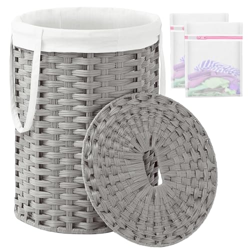 SETVSON Laundry Hamper with Lid Laundry Basket with Lid 19.0 Gal (72 L) Round Laundry Basket Handwoven Rattan Basket with Lid Removable Bag 2 Mesh Bags Handles for Living Room Bathroom Gray - color: Gray, size: 72L