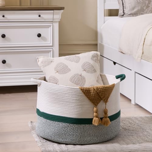 Luxury Little Extra Large Nursery Storage Basket, 20 x 20 x 13.8 inches - 100% Cotton Rope Baskets with Handles, Blanket Basket for Toys, Blankets & Pillows (Green) - color: Green