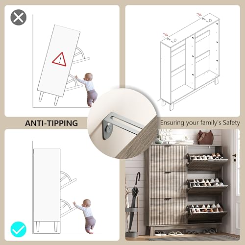 HUANLEGO Shoe Cabinet Storage for Entryway with 6 Flip Drawers, Fluted Narrow Shoe Organizer with Wooden Legs, Freestanding Slim Shoe Storage Hidden Shoe Rack Organizer for Front Door Entrance, Grey - color: Grey, size: 6 Drawer