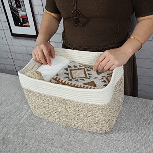 Cotton Rope storage Basket Bins Woven Basket for Organizing Shelves 15X10X9.3" Rectangle Decorative Baskets For storage Clothes Toys Books Towels Nursery basket organizer 3 pack white and brown - color: white and brown