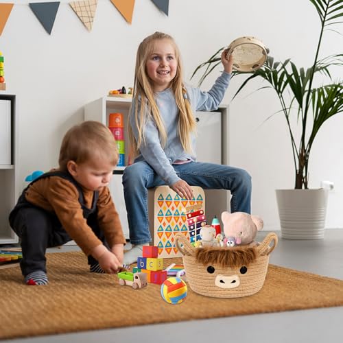 Highland Cute Cow Basket for Nursery, Small Shower Gift Basket, Round Woven Rope Cotton Storage, Baby Blanket 0rganizer with Ears Handles, Blanket Towel Decor Storage Bins, 10.7"D x 4.4"H in - color: Brown, size: 9"D × 5 "H