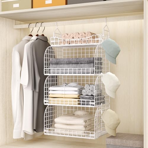 HapiRm Hanging Closet Organizer Storage - 3 Tier Metal Stackable Hanging Closet Shelves with Dividers and S Hooks, Foldable Clothes Shelves for Clothes, Pants, Shoes, Coat, Hats Clutches Accessories - color: White, size: 4-Tier