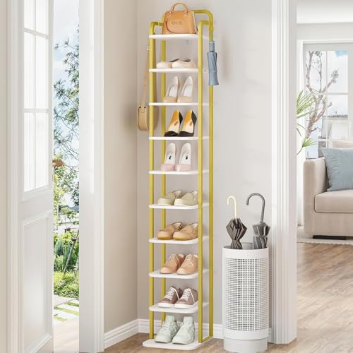 Hzuaneri 10 Tiers Vertical Shoe Rack, Narrow Shoe Tower, Tall Shoes Shelf with 2 Hooks, Adjustable Shelves, Corner Shoes Shelves for Small Spaces, Entryway, Living Room, White Gold SR11213A - color: White Gold, size: 10 Tier(11.8"D x 10.4"W x 67.3"H)