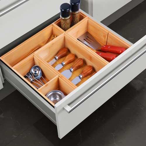 Bamboo Drawer Organizer,5 PCS Silverware Organizer & Kitchen Organizers and Storage,Utensil Drawer Organizer With Removable Dividers for Kitchen,Utensils,Bathroom,Office,Makeup(Natural) - color: Natural, size: 5PCS