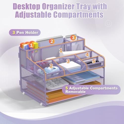 Docnest 3 Tier Mesh Desk Organizer for Paper Office Supplies – Multi-Functional Letter Tray with 5 Adjustable Compartments, 3 Pen Holders, Desktop Storage for Files, Mail, Stationery – Purple - color: Purple, size: 12.7" x 9.1" x 8.6"