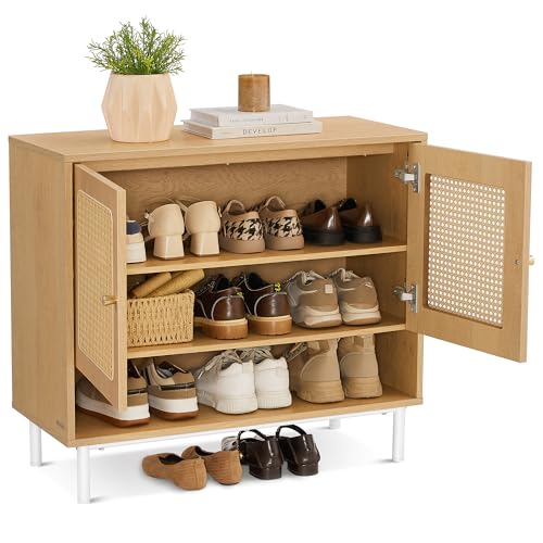 VASAGLE Natural Rattan 3-Tier Shoe Cabinet, 16 Pair Shoe Storage Cabinet, Boho Style Shoe Organizer with Height-Adjustable Shelves and Steel Legs, for Entryway, Closet, Hallway, Oak Beige ULBC049N01 - color: Oak Beige, size: 13.8"D x 31.5"W x 27.6"H-3-Tie
