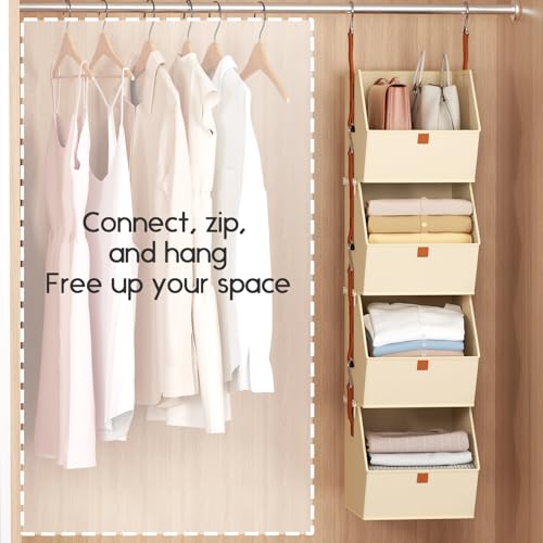 Homsorout Hanging Closet Organizer 4 Tier - Clothes Hanging Shelves, Space-Saving Closet System, Fabric Storage Bins Bedroom Organization, Collapsible Baskets for Home, Dorm, Rv, Beige - color: Beige, size: 4 shelves