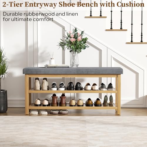 2 Tier Shoe Rack Bench with Cushion, Rubberwood Shoe Benches, Mid-Century Modern Shoe Storage Bench for Entryway, Hallway, Living Room, Closet, Front Door Entrance, Dark Grey - color: Dark Grey