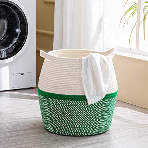 KAKAMAY Woven Baskets for Storage(17"x17"),Large Cotton Rope Woven Baby Laundry Hamper,Collapsible Laundry Basket, Blanket Basket for Organizing Living Room,Nursery,Pillows,Toy Chest(Green) - color: Green