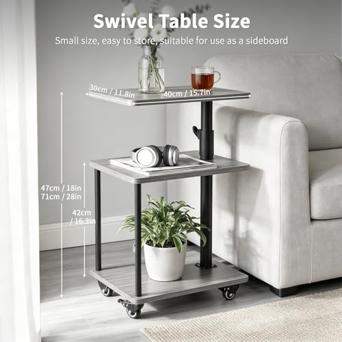 360° Swivel Side Table with Storage, Height Adjustable, Smooth-Rolling Wheels, C-Shaped End Table for Couch/Sofa, Recliner, Living Room, Grey Walnut-Look - color: Grey Walnut - Look
