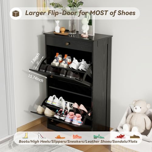 FTZxHKLX Shoe Cabinet with 2 Flip Drawers, Slim Freestanding Hidden Shoe Organizer with Drawer, Pet-Proof Shoe Storage Cabinet for Entryway Living Room Behind The Door, Black - color: Black, size: 1pcs