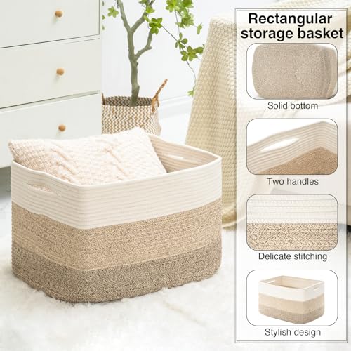 ICERZCZ Large Rectangle Blanket Basket, Large Storage Basket for Organizing, Cotton Rope Woven Basket for Storage with Handles, Baby Nursery Living Room Bedroom, 22”x17”x12”, 75L - color: Gradient Brown, size: 22”x17”x12”