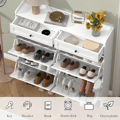 Thacuok Shoe Cabinet with 4 Flip Drawers & 2 Storage Drawers, Rustic Farmhouse Narrow Shoe Organizer Cabinet, Slim Shoe Rack Cabinet, Shoe Storage Cabinet for Entryway, Hallway, Front Door - color: White, size: 4 Drawers