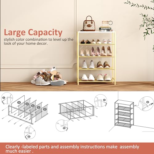 HOMEFORT 5-Tier Shoe Rack, Shoe Storage Shelf, Industrial Shoe Tower, Narrow Shoe Organizer for Closet Entryway, Small Shoe Rack Table with Durable Metal Shelves, Gold - color: Gold, size: 5-Tier (11.8"D x 23.23"W x 32.68"H)