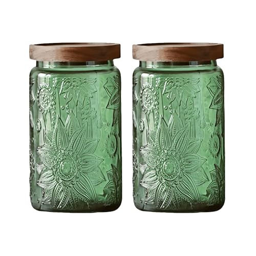 Set of 2 Vintage Glass Storage Containers, Green Glass Jars with Solid Wood Lids, 34 FL OZ Decorative Jars for Kitchen Storage Cabinets for Coffee, Jam, Nuts, Pasta, Cookie (Green Sunflower) - color: Green 2, size: 34 Ounces