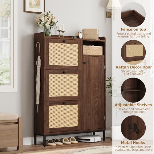 GarveeHome Shoe Cabinet Rattan with 3 Flip Drawers and 4-Tier Shoe Storage Cabinet, Freestanding Shoe Organizer with Adjustable Shelves for Entryway, Closet, Hallway - color: Walnut, size: 3-Drawers + 1-Door