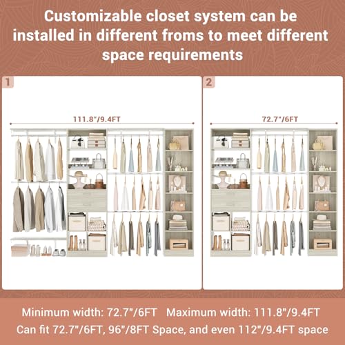 Besiost Closet System - 9.4FT/112" Closet Organizer System with Wooden Drawers,Closet Systems for Walk-In Closets with Hang Rods and Open Cabinet, Greige Oak - color: Greige Oak, size: 9.4FT
