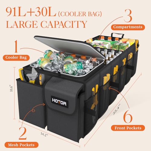 HOTOR Trunk Organizer for Car & SUV, Sturdy Car Organizer with Removable Cooler, Large Foldable Trunk Organizer with Cooler, 3 Compartments, Adjustable Straps, Black, 35.43”×14.17“×10.63” - color: Black, size: X-Large