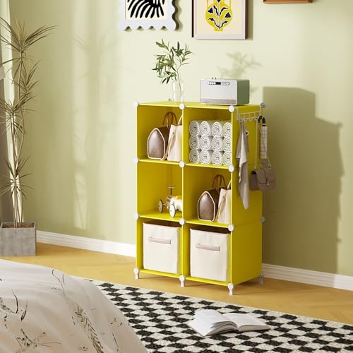 AWTATOS Cube Storage Organizer, 6 Cube Closet Organizers and Storage, DIY Stackable Bookshelf Plastic Clothes Organizer Shelving for Bedroom, Home, Yellow - color: Yellow