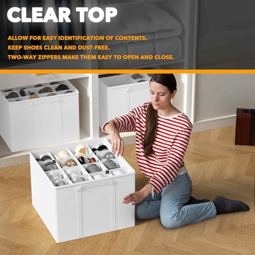 SpaceAid Shoe Organizer for Closet, 2 Pack Foldable Shoe Storage Containers Baskets Boxes Bins w/Adjustable Dividers, Fits 16-32 Pairs, White - color: White
