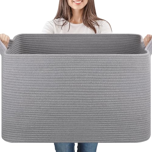 95L Cotton Rope Large Blanket Basket (24" x 16.9" x 14.2") for Living Room, Kids Room & Laundry, Storage Basket with Handle for Organizing Blankets, Pillows, Clothes & Toys, Light Grey - color: Light Grey, size: 24"x16.9"x14.2"