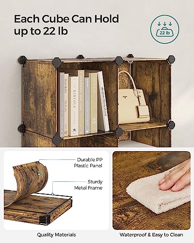 SONGMICS 6 Cube Storage Organizer, Modular Bookshelf, DIY Closet Organizers and Storage, Plastic Stackable Shelves, 11.8 x 11.8 x 11.8 Inch Cubes, with Feet and Rubber Mallet, Rustic Brown ULPC111A01 - color: Rustic Brown, size: 11.8"L x 11.8"W x 11.8"H
