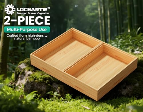 Bamboo Kitchen Drawer Organizer Boxes – 9" x 6" Stackable Wood Silverware Utensil Tray for Drawers Bins, Cutlery & Flatware Storage – Wooden Organizers Set of 2 for Junk Drawer, Bathroom, RV - size: 9" x 6" x 2"