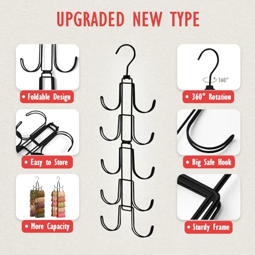 Purse Organizer for Closet, Upgraded Purse Hanger with 10 Big Hooks, 360 Degree Rotation for Better Organizer and Display, Collapsible Space Saving Hangers Rack for Handbag, Scarve, Tie, Black - color: Black, size: 1