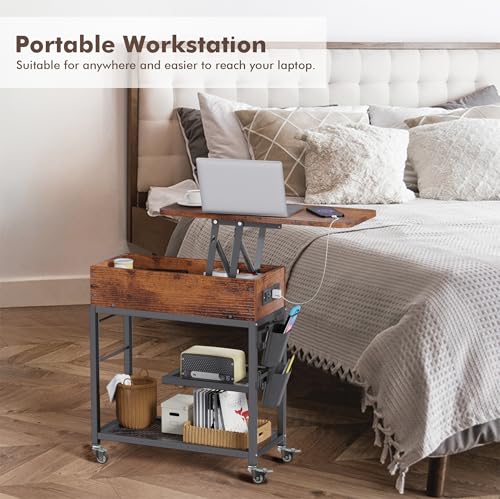 Colima Lift Top End Table with Charging Station and Wheels, Sofa Side Table with USB Port & AC Outlets, Movable Bedside Nightstand with Side Bag for Office Living Room Bedroom(Rustic Wood) - color: Rustic Brown