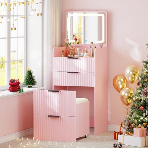 Gurexl Fluted Small Vanity Desk with Mirror and Lights, 3-in-1 Compact Makeup Vanity Set with Hidden Storage Stool, Mini Dressing Table with 3 Drawers for Little Girls (Pink) - color: Pink