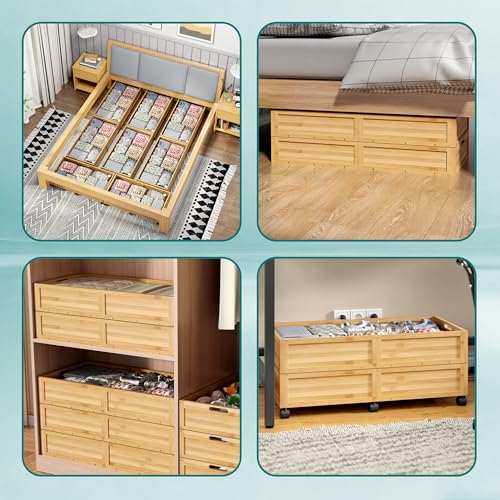 WISUCART Wood Under Bed Storage Containers Underbed Organizer with Wheels Sturdy Wood Rolling Under Bed Shoe Storage Organizer 2 Packs (Nature, Large) - color: Nature