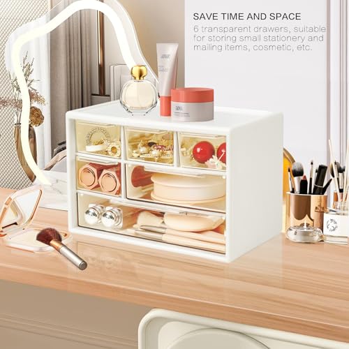 Mini Desk Storage Organizer with 6 Drawers, FODIENS Stackable Desktop Craft Drawer Cabinet, Clear Storage Box Caddy for Makeup Jewelry Office Craft Supplies (White) - color: White