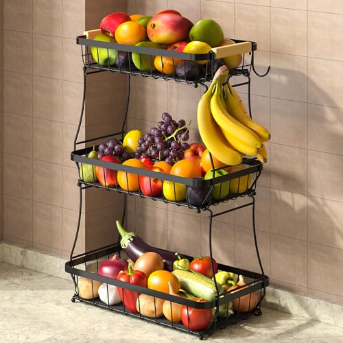 Sevenblue 3 Tier Fruit Basket for Kitchen Counter with 2 Mobile Banana Hangers, 2026 Pro Detachable Metal Fruit Bowl with Wooden Handle, Fruit Holder for Bread Snack Veggies with Protective Mats - color: Black, size: 3 Tier