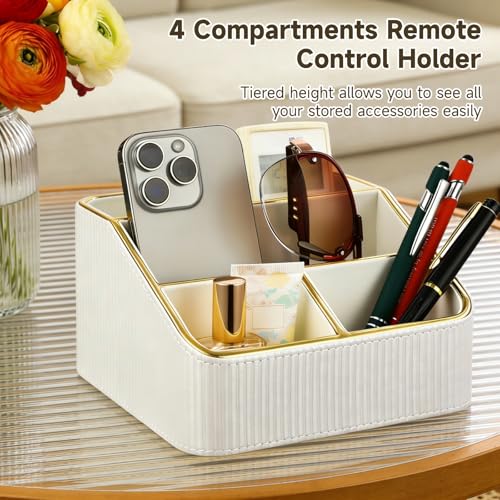 OMISTAR 4 Compartments Remote Control Holder, PU Leather Nightstand Organizer, Tiered Bedside Caddy, Desktop Storage Container for Stationery Office Supplies, Stylish Vanity Tray for Makeup - size: 4 Compartments