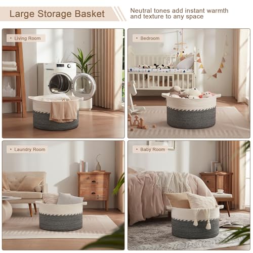 OIAHOMY 125L Extra Large Blanket Basket, 25" x 16", Jumbo Laundry Hamper, Cotton Rope Basket with Handles,Baby Toy Storage Bins,Black - color: Black, size: 25" x 25" x 16"