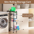 4 Tier Slim Rolling Storage Cart with Pull-Out Baskets, Narrow Sliding Storage Slim Laundry Rolling Cart Between Washer and Dryer - color: Black
