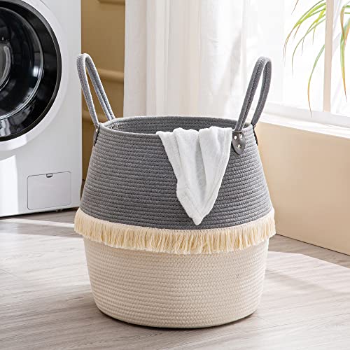 KAKAMAY Woven Baskets for Storage(17"x17"),Large Cotton Rope Woven Baby Laundry Hamper,Collapsible Laundry Basket, Blanket Basket for Organizing Living Room,Nursery,Pillows,Toy Chest(Grey) - color: Grey Fringe