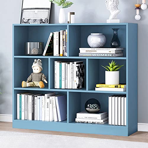 IOTXY Open Shelf Low Bookcase - Wooden 3-Tier Floor Standing Display Cabinet Organizer with Base, 7 Cubes Short Horizontal Bookshelf in Bright Blue - color: Bright Blue, size: 80CM Base